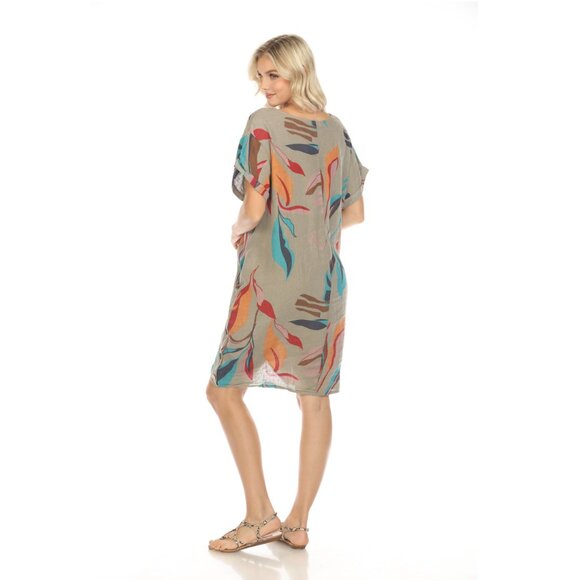 Taupe Leaf Print Side Button Dress - Picture 3 of 4